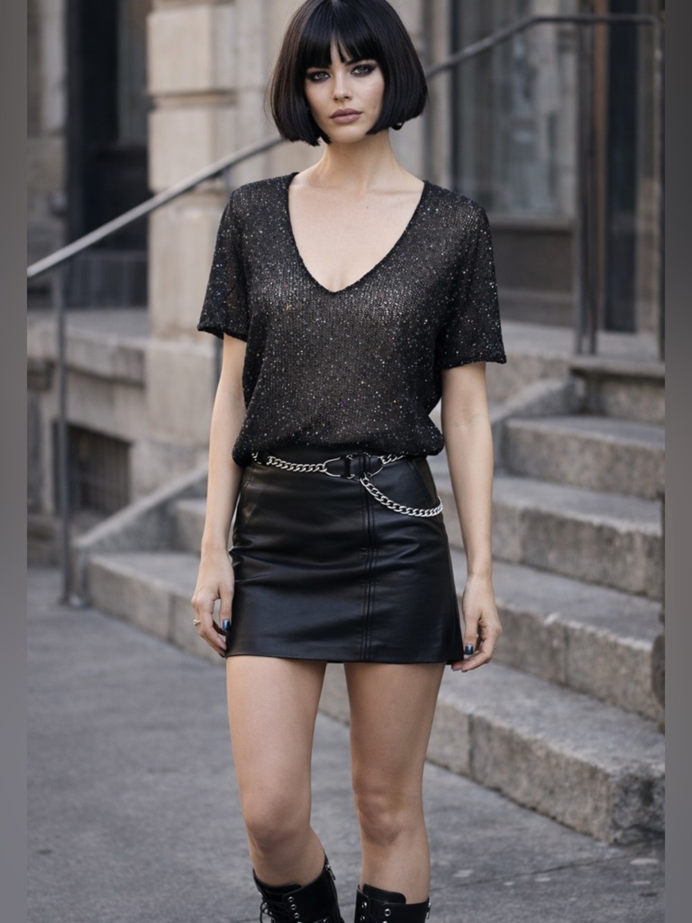 Zadig & Voltaire Sparkling Black V Neck Knit Top XSmall Edgy Chic Italy Made